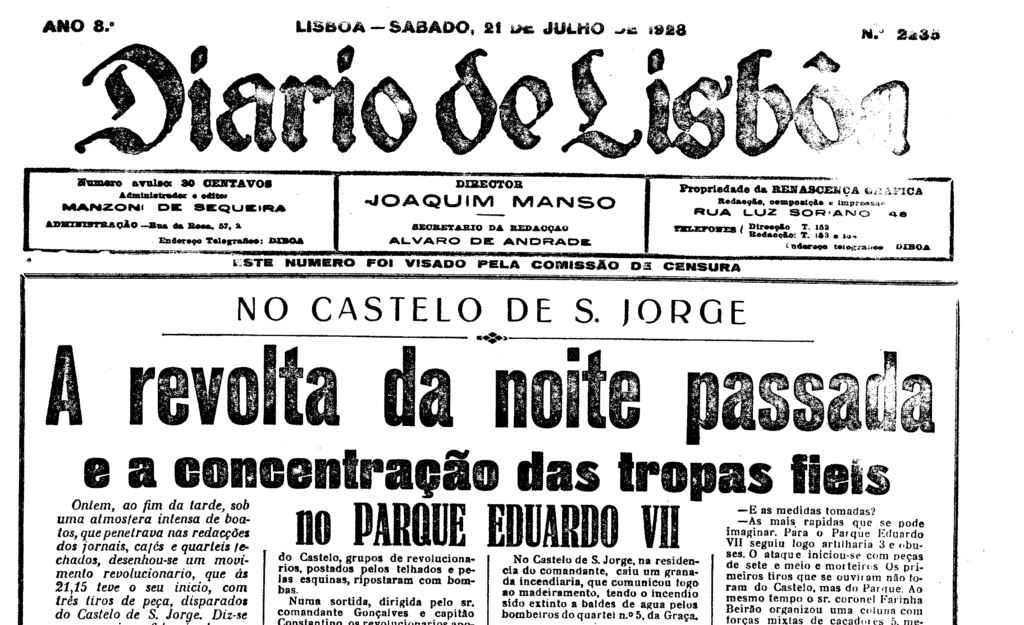 Portuguese newspaper headlines, reading: "A revolta da noite passada e a concentração das tropas fiéis no parque Eduardo VII" ("Last night's revolt and the concentration of loyal troops in Edward VII park").